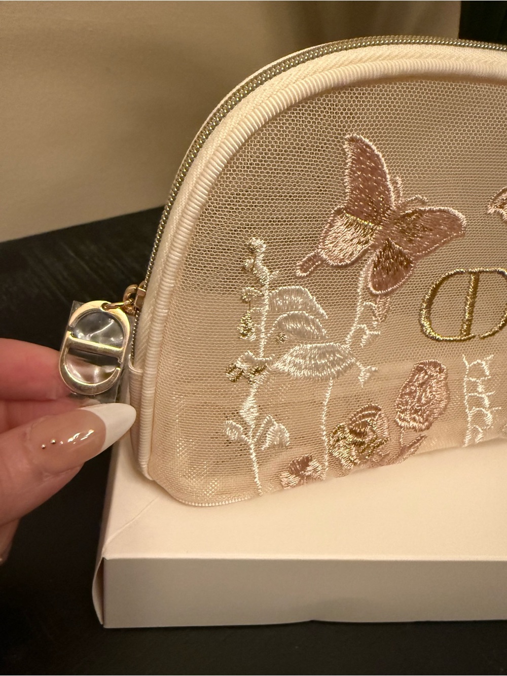 Dior Beige Floral & Butterfly Embroidered Cosmetic Pouch with Gold Logo - Picture 5 of 7